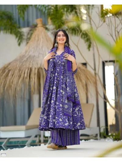 Purple Printed Cotton Anarkali Suit (Set of 3) - BONYHUBSALWAR KAMEEZ