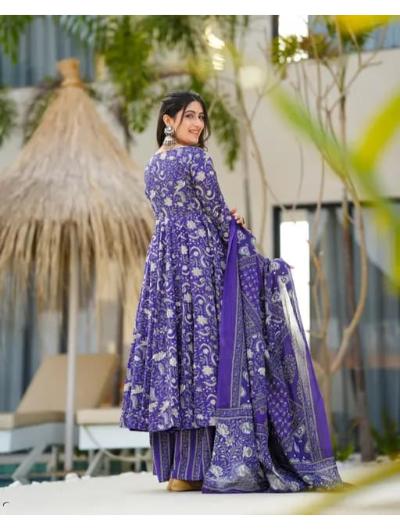 Purple Printed Cotton Anarkali Suit (Set of 3) - BONYHUBSALWAR KAMEEZ