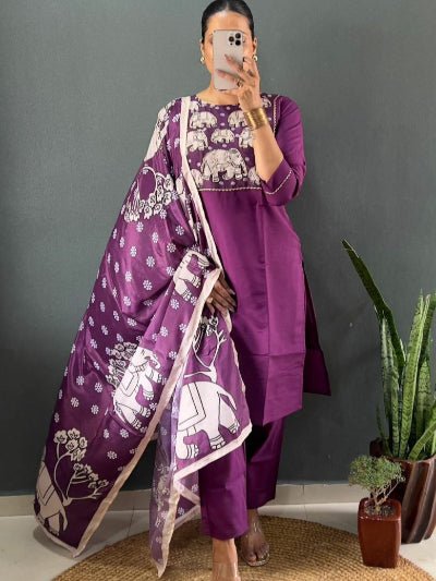 Purple Roman Silk Elephant Print Salwar Suit - BONYHUBSALWAR KAMEEZ
