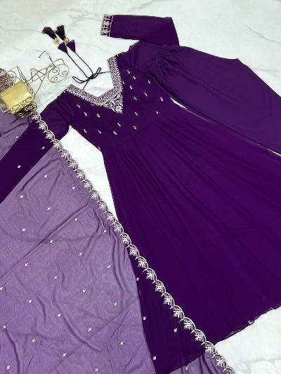 Purple Soft Georgette Embroidered Anarkali Suit Set - BONYHUBSALWAR KAMEEZ