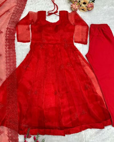 Radiant Red Tabby Silk Embroidered Anarkali Suit Set - BONYHUBSALWAR KAMEEZ