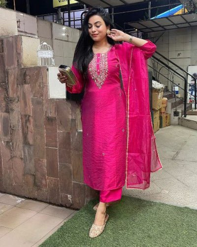 Rani Pink Chanderi Embroidered Suit With Organza Dupatta - BONYHUBSALWAR KAMEEZ