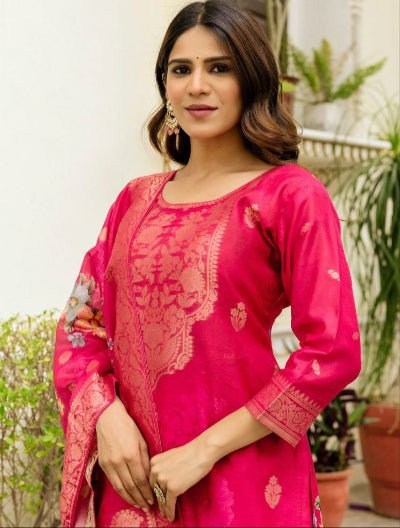 Rani Pink Floral Chanderi Jacquard Salwar Suit Set - BONYHUBSALWAR KAMEEZ