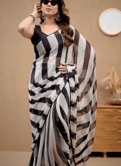 Ready to Wear Black White Stripe Georgette saree - BONYHUBSAREE