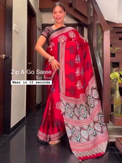 Red 10 Second Printed Silk Trending Readymade Saree Gown UK Next Day - BONYHUBSAREE