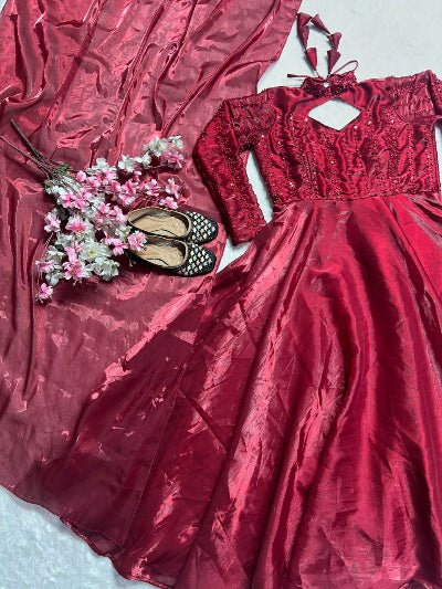 Red Elegant Sequins Embroidery Anarkali Suit Set - BONYHUBSALWAR KAMEEZ