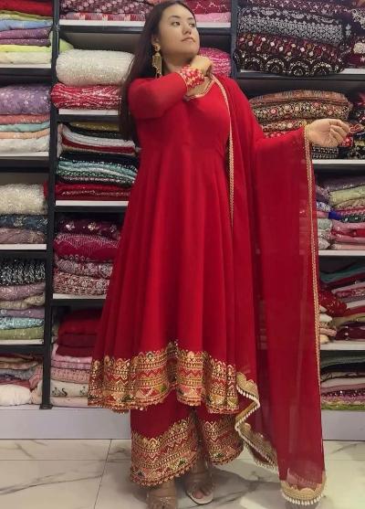 Red Embroidered Anarkali Gown Palazzo and Dupatta UK Next Day - BONYHUBSALWAR KAMEEZ