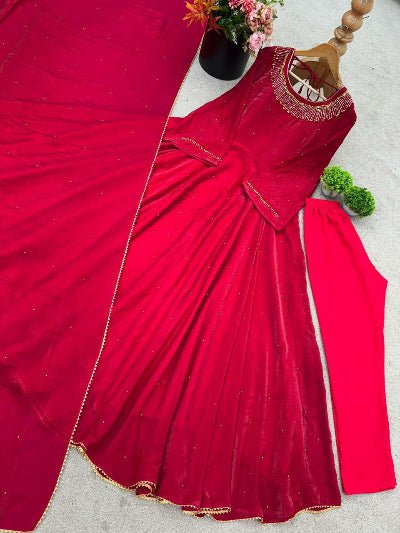 Red Fendi Silk Moti Work Anarkali Suit Set - BONYHUBSALWAR KAMEEZ