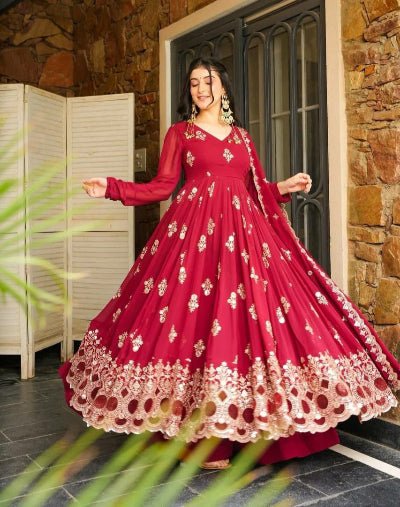 Red Georgette Sequins Embellished Anarkali Suit Set - BONYHUBSALWAR KAMEEZ