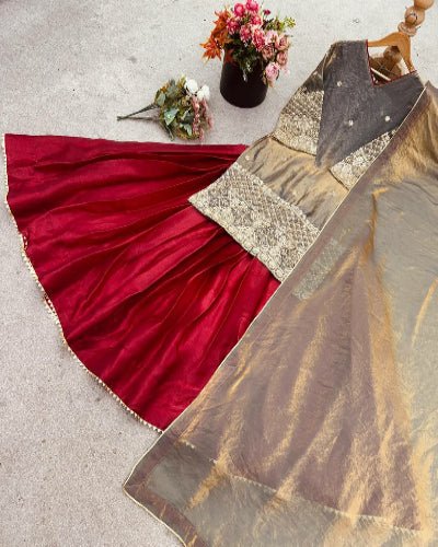 Red & Metallic Gold Kurti, Lehenga Skirt With Dupatta - BONYHUBSALWAR KAMEEZ