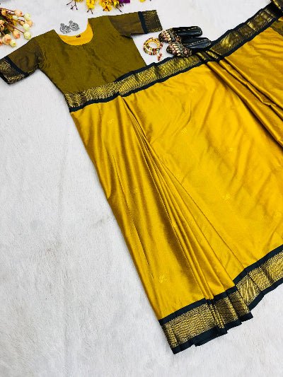 Mustard Yellow Lichi Silk Zip & Go 10 Second Saree Gown - BONYHUBSAREE