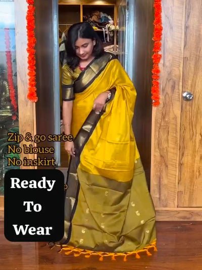 Mustard Yellow Lichi Silk Zip & Go 10 Second Saree Gown - BONYHUBSAREE