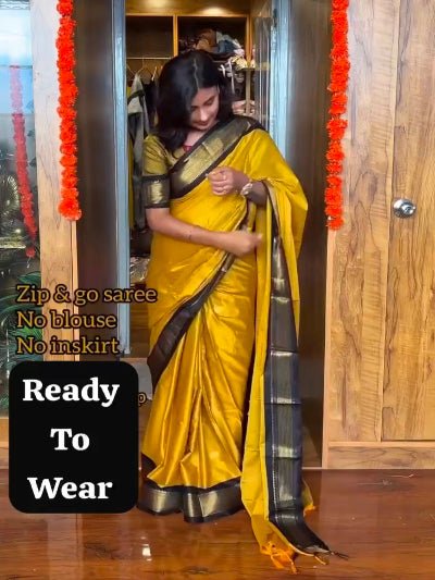 Mustard Yellow Lichi Silk Zip & Go 10 Second Saree Gown - BONYHUBSAREE