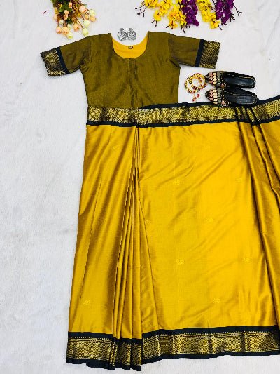 Mustard Yellow Lichi Silk Zip & Go 10 Second Saree Gown - BONYHUBSAREE