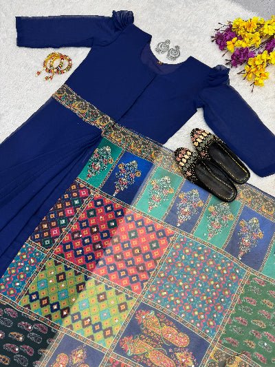 Royal Blue 10 Second Multicolor Readymade Sari Gown - BONYHUBSAREE