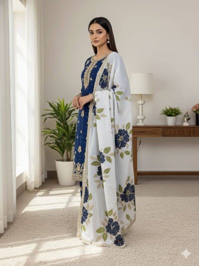 Royal Blue Gold Embroidery Silk Palazzo Suit - BONYHUBSALWAR KAMEEZ