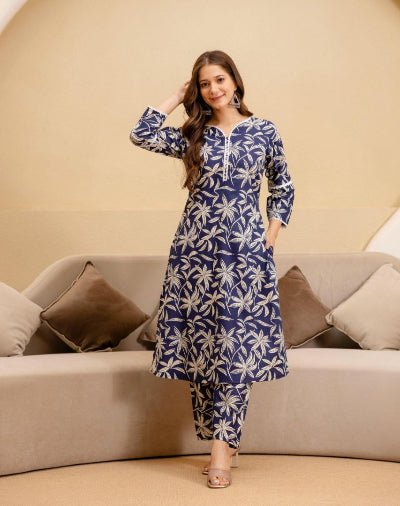 Royal Blue Jaipuri Printed Cotton Kurti Pant Set Of 2 - BONYHUBSALWAR KAMEEZ