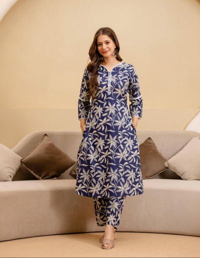 Royal Blue Jaipuri Printed Cotton Kurti Pant Set Of 2 - BONYHUBSALWAR KAMEEZ