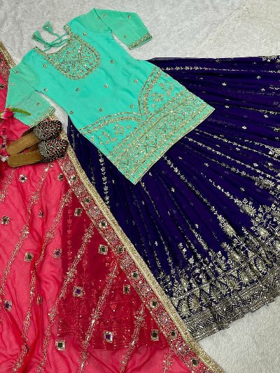 Royal Navy & Mint Lehenga Set with Pink Mirror Work Dupatta - BONYHUBSALWAR KAMEEZ