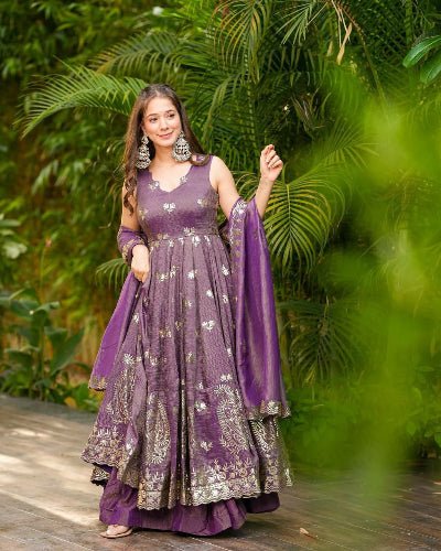 Royal Onion Purple Embroidered Silk Anarkali Suit Set - BONYHUBSALWAR KAMEEZ