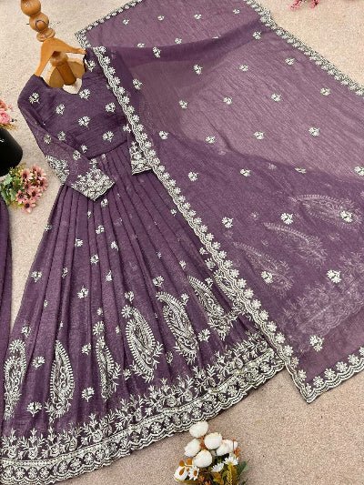 Royal Onion Purple Embroidered Silk Anarkali Suit Set - BONYHUBSALWAR KAMEEZ