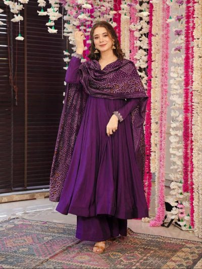 Royal Purple Chanderi Anarkali Suit with Foil Print Dupatta - BONYHUBSALWAR KAMEEZ