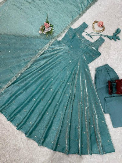 Sea Green Silk Blend Ethnic Anarkali Suit Set UK Next Day - BONYHUBSALWAR KAMEEZ