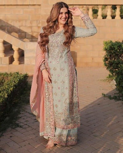 Seablue Pink Embroidery Sharara Suit UK Next Day - BONYHUBSALWAR KAMEEZ
