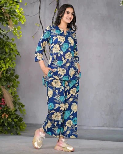 Serene Floral Blue Cotton Co - ord Set UK Next Day - BONYHUBsalwar suit