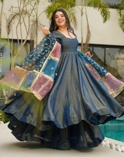 Shimmer Blue Roman Silk Flair Anarkali Suit Set UK Next Day - BONYHUBSALWAR KAMEEZ