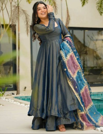 Shimmer Blue Roman Silk Flair Anarkali Suit Set UK Next Day - BONYHUBSALWAR KAMEEZ
