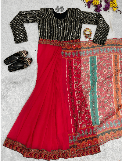 Shimmer Red 10 Second Multicolor Readymade Sari Gown - BONYHUBSAREE