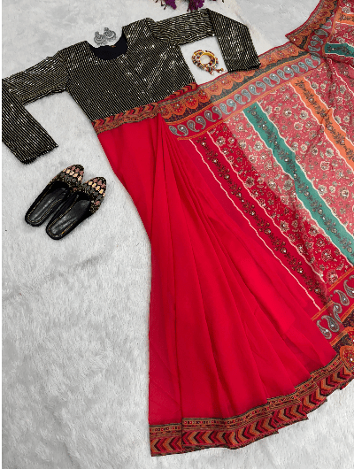 Shimmer Red 10 Second Multicolor Readymade Sari Gown - BONYHUBSAREE