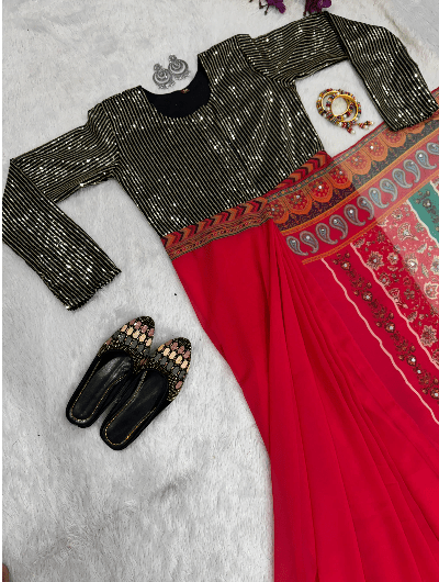 Shimmer Red 10 Second Multicolor Readymade Sari Gown - BONYHUBSAREE