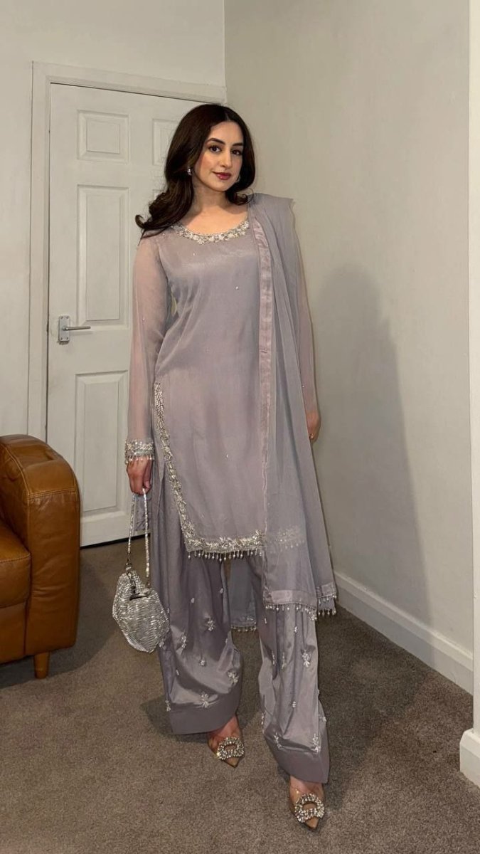 Silver Intricate Embroidery Georgette Farshi Salwar Suit Set - BONYHUBSALWAR KAMEEZ