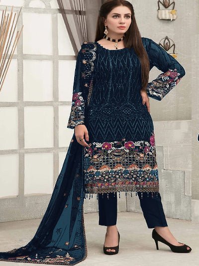 Sitara Peacock Blue Georgette Embroidery Sequins Straight Suit Set - BONYHUBSALWAR KAMEEZ