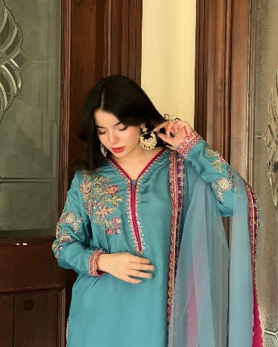 Sky Blue Natural Crepe Embroidery Farshi Suit Set - BONYHUBSALWAR KAMEEZ