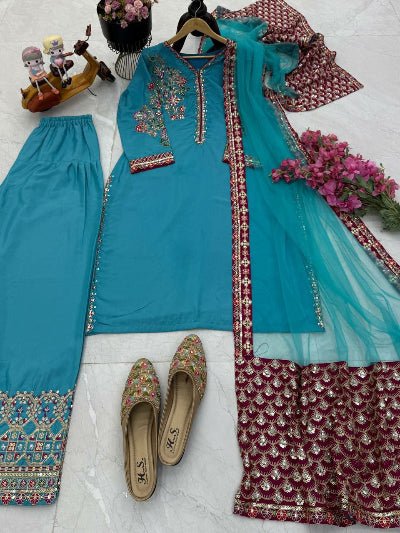 Sky Blue Natural Crepe Embroidery Farshi Suit Set - BONYHUBSALWAR KAMEEZ
