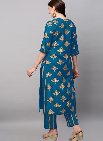 Sky Blue Rayon Foil Print Kurti Pant Set Of 2 - BONYHUBSALWAR KAMEEZ