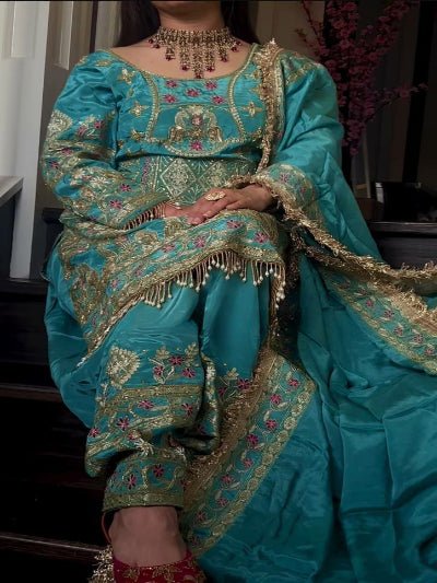 Sky Blue Sequins Embroidered Work Punjabi Suit Set - BONYHUBSALWAR KAMEEZ