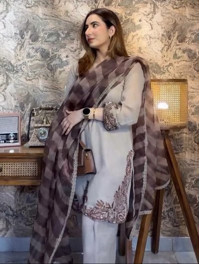 Stone Grey Georgette Embroidered Farshi Suit Set - BONYHUBSALWAR KAMEEZ
