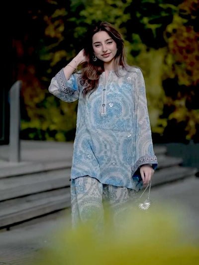 Stylish Light Blue Georgette Printed Farshi Suit Set - BONYHUBSALWAR KAMEEZ