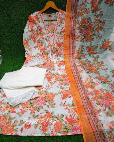 Summer Ready Orange Floral Anarkali Suit Set UK Next Day - BONYHUBSALWAR KAMEEZ