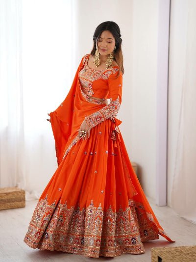 Tangerine Orange Sequin Thread Embroidered Lehenga Choli Set - BONYHUBSALWAR KAMEEZ