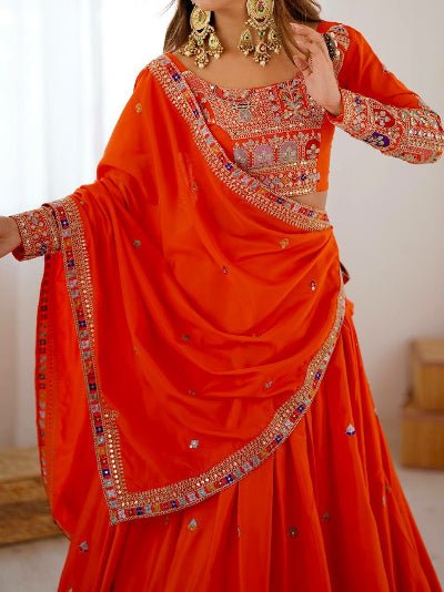 Tangerine Orange Sequin Thread Embroidered Lehenga Choli Set - BONYHUBSALWAR KAMEEZ