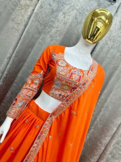 Tangerine Orange Sequin Thread Embroidered Lehenga Choli Set - BONYHUBSALWAR KAMEEZ