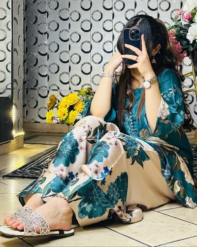 Teal & Beige Floral Crepe Silk Farshi Suit Set - BONYHUBSALWAR KAMEEZ
