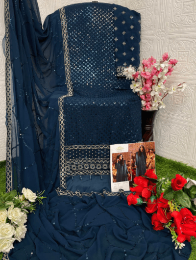 Teal Blue Bridal Embroidery Georgette Salwar Suit UK Next Day - BONYHUBSALWAR KAMEEZ