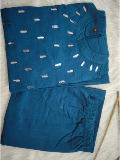 Teal Blue Embroidered Co - ord Set with Kurta Pant (Set of 2) - BONYHUBSALWAR KAMEEZ