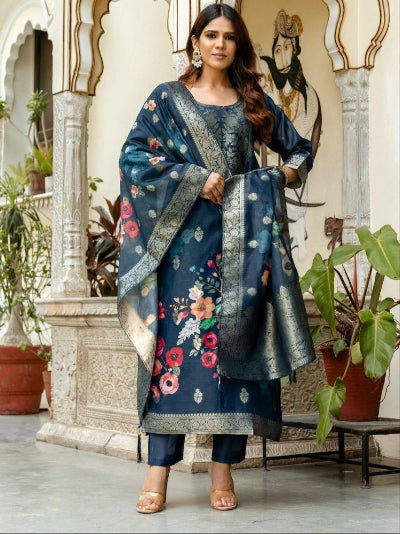 Teal Blue Floral Chanderi Jacquard Salwar Suit Set - BONYHUBSALWAR KAMEEZ